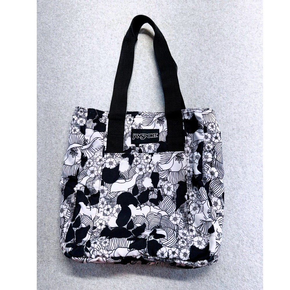 JanSport Tote Bag Black White Floral Shoulder Carryall Travel Bag Lightweight